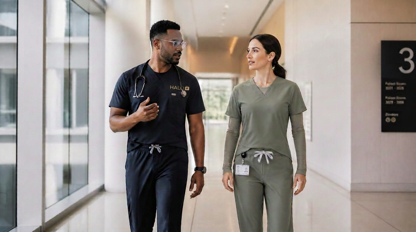 Two healthcare professionals in HALO scrubs walking through a hospital corridor