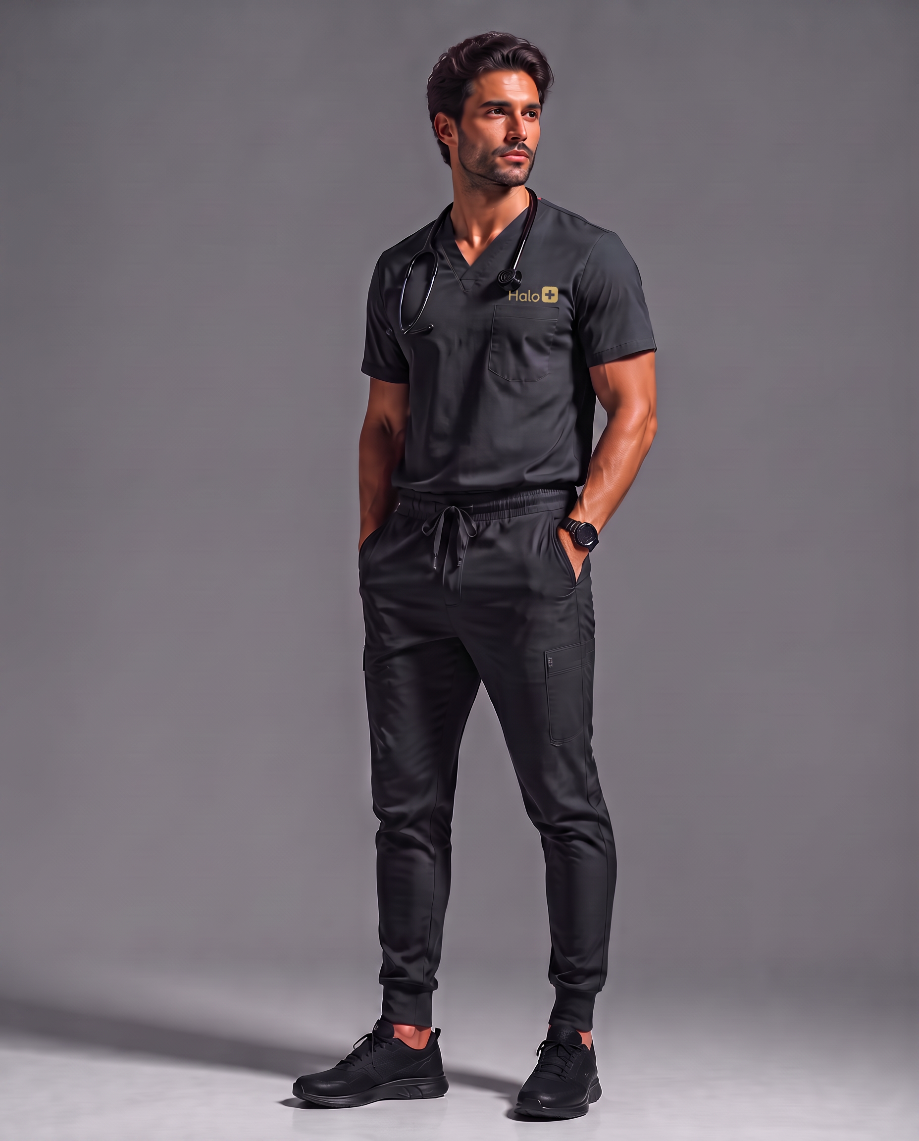 Man wearing HALO Charcoal premium scrubs