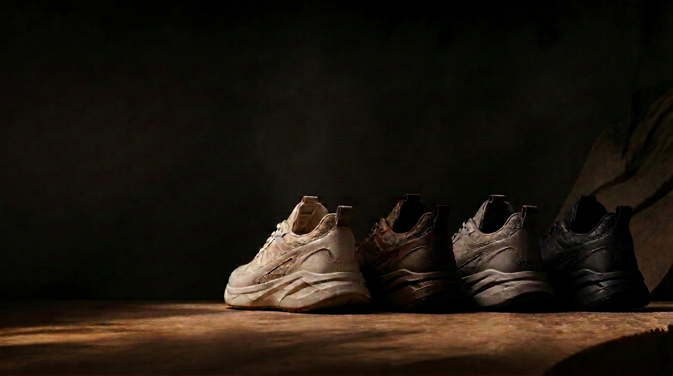 Four HALO Move sneaker colorways lined up on warm stone under low light