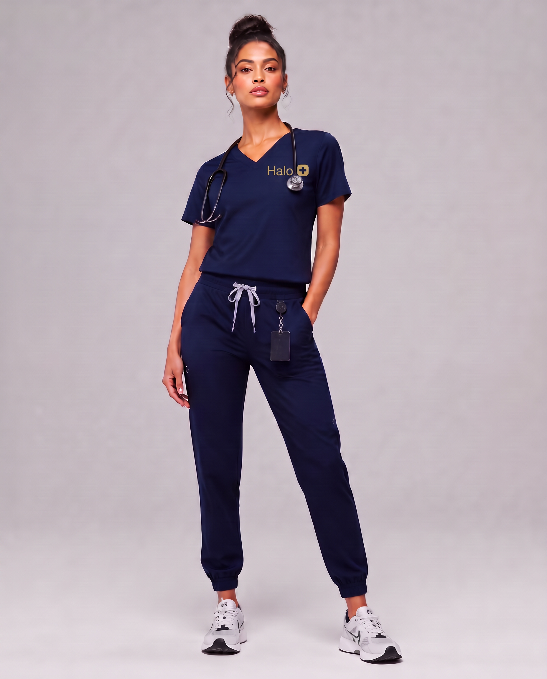 Woman in HALO Midnight Navy scrub set