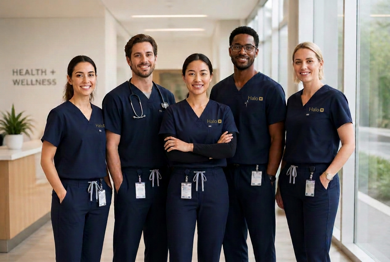 Clinical team in matching HALO Midnight Navy uniforms