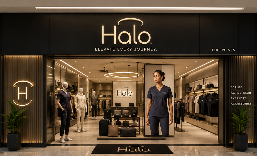 HALO storefront at SM Megamall, Manila, with the gold Halo wordmark above lit glass windows