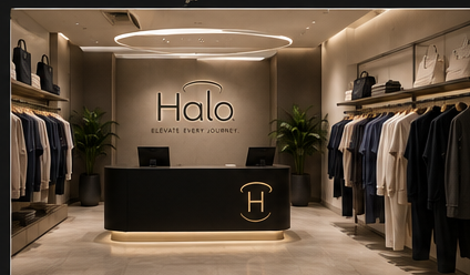 HALO store reception desk with backlit monogram and halo ring lighting